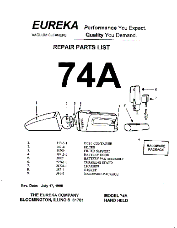 Schematic and parts list for: Eureka Model: 74A - VacuumsRUs